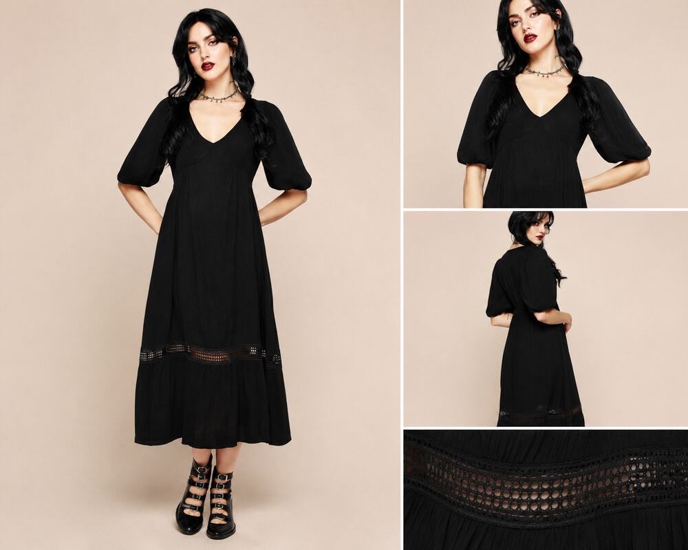 Disturbia Black Textured Midi Dress Puff Sleeve Gothic Witchy US 10